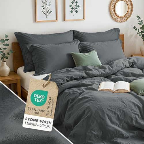 Blumtal Biancheria da Letto Stone Washed 2x135x200cm Lino e Cotone 2x80x80cm Alternativa Mussola Set Copripiumino 2x135x200 2x80x80 – Summer Green - Verde