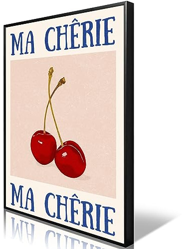 Anslipswar Retro Funky Cherry Canvas Wall Art, Framed Vintage 70s Red Blue Posters for Room Aesthetic, Trendy Preppy Cherry Picture Print for Teen Girls College Dorm Apartment Decor 16x24in