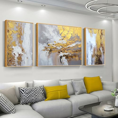 Hand Painted Abstract Canvas Wall Art for Living Room,Large Framed Gold Oil Painting For Bedroom, 3 pcs Wall Painting for Office Wall Décor 24 x 64