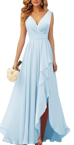 YIANN Robes de demoiselle d’honneur en mousseline à col en V pour femmes avec fente, robe de soirée ruchée en mousseline longue et formelle, bleu clair, 46
