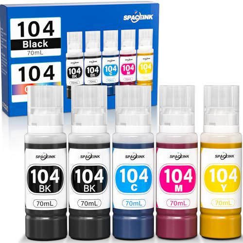 Spaceink Tinte 104, kompatibel mit Epson EcoTank ET-2862 ET-4800 ET-2820 ET-2830 ET-2840 ET-2821 ET-1810 ET-2720, 104 Multipack-Tinte (5 Flaschen à 70 ml, 2 Schwarz, Cyan, Magenta, Gelb)