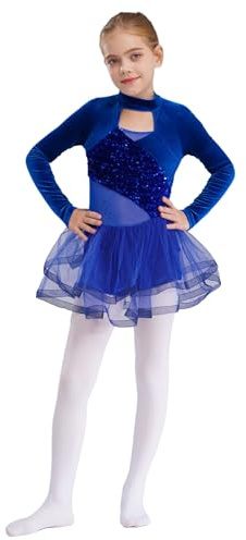 Miaeowve Vestido de bailarinas para niñas y niños, de terciopelo, vestido de baile, lentejuelas brillantes, traje de ballet, con volantes, tutú, falda de danza, azul, 134-140