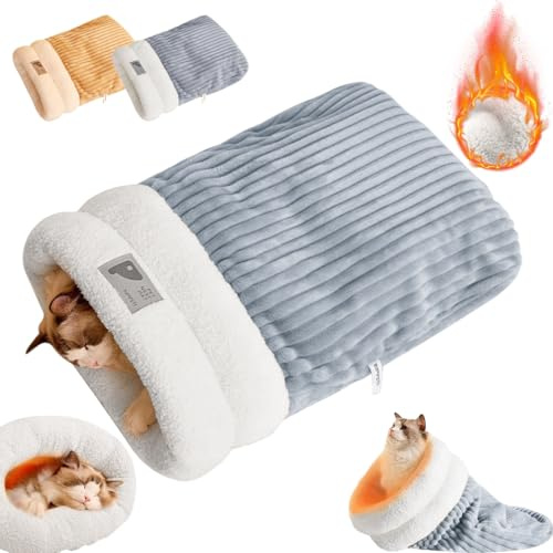 Cat Sleeping Bag, Flutty Warm Beds Cave Nest for Indoor Kitten, 360 ° Warp Plush Winter Pet Sleeping Pocket Bags Mat Pad For Cat & Small Dog Below 5KG/12 LB Hideaway, Portable and Washable