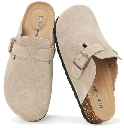 Meik Mangni Wildleder Clogs für Damen Herren Komfort Kartoffel Schuhe mit Arch Support Frauen aus Leder rutschfest Pantoletten mit Weiches Kork Fußbett,Beige,Gr.42 EU