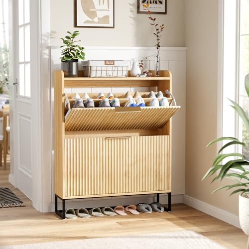 Bonnlo Shoe Cabinet with 2 Flip Drawers, Mid-Century Modern Design, Space-Saving Hidden Shoe Storage for Hallway Organization (Natural Oak)