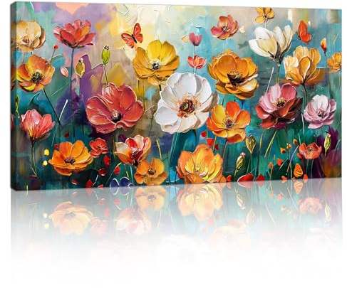 Large Framed Colorful Flowers Canvas Wall Art, Vibrant Vintage Floral Butterfly Wall Paintings Orange Red Poppies Pictures on Print Canvas Poster Room Decor for Living Room Bedroom Hallway 100x50cm