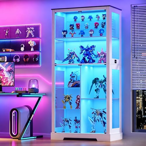 Gurexl Display Cabinet with Glass Doors,70'' Curio Cabinet with Adjustable Glass Shelf,4-Tier Display Cases with 3 Color Lights for Collectibles,Storage Cabinet with Human Body for Books,Toys,White