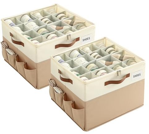 Varhomax Shoe Organizer Box 2 Pack for Closet, Fabric Shoe Storage Bin with Adjustable Dividers & Clear Cover, Holds up 16-32 Pairs of Sneakers & Sandals for Entryway, Cubby