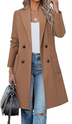 Coat for Women Women Winter Wool Blend Camel Mid-Long Coat Notch Double-Breasted Lapel Jacket Outwear