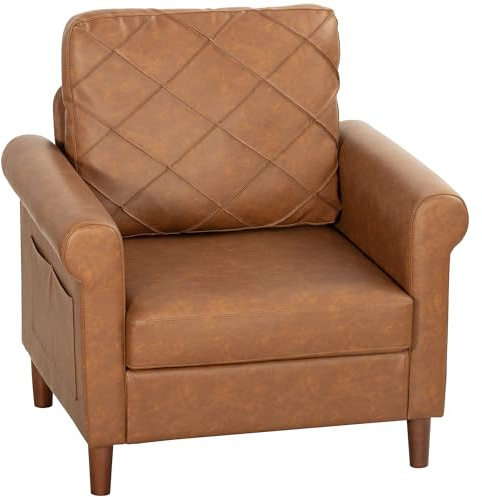 HOMCOM Sillón Relax, Sofá Individual, Tapizado en PU, Cojín Grueso, Respaldo con Costuras, Asiento Amplio, Patas de Madera Maciza para Salón, Dormitorio y Oficina, 82x71x84 cm, Marrón
