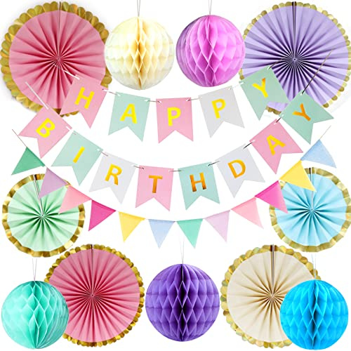 Bangbobi Set Decorazione Compleanno | Ghirlanda Happy Birthday | Addobbo Festa Compleanno Banner Striscioni Sfere a Nido d'Ape Ventagli di Carta | Accessori Festa