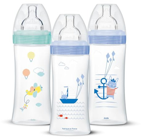 Dodie Garçons Lot De 3 Biberons Anti-Colique Sensation plus, Garçon, 330 ml, +6 Mois, Tétine Plate, Débit 3, Bleu Pastel, 3 Unité (Lot de 1)