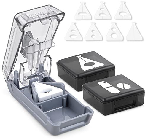 Fullicon Tagliapillole per pillole piccole o grandi, con supporto a forma di V, affettatrice per medicine con lama affilata, divisore per tablet con due grandi organizer per pillole