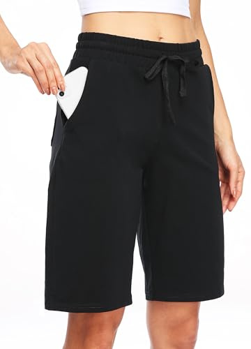WILLIT Pantaloncini da donna in cotone, pantaloni corti, sportivi, estivi, per yoga, fitness, al ginocchio, per corsa, allenamento, 10, con tasche, Nero , L