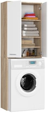 BDW - Waschmaschinenschrank, Regal, Hochschrank - Badezimmermöbel, Mehrzweckschrank - 2 Türen - Aufbewahrungsschrank, Hochschrank 180 cm - Waschraum, Waschküche - Eiche Sonoma/Weiss