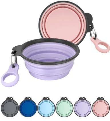 Heouvo Ciotole pieghevoli per cani con portabottiglie, confezione da 2 ciotole da viaggio per cani con moschettone aggiornato, bordo modellato in un unico pezzo, non cadono o si crepa (rosa/viola, S