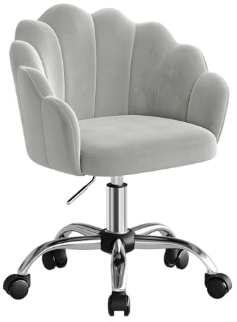 WOLTU Silla de Tocador Terciopelo con Respaldo de Petalos, Silla Giratoria con Ruedas, Ergonómica para Maquillaje, Patas de Metal, Gris Claro
