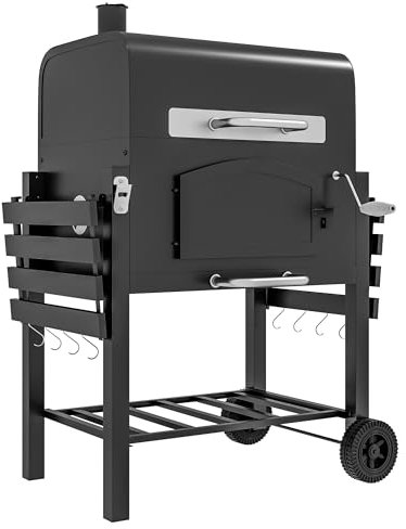 Outsunny Barbecue da Giardino con Griglia, Affumicatore e Fornello, BBQ a 2 Ruote in Metallo e Ghisa con Termometro, Camino e Bocchette, 124x66x112 cm, Nero