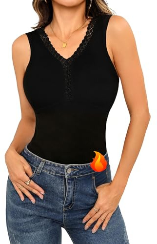 Crewhpo Débardeur Thermique Femme Dentelle Maillot de Corps Thermique Col en V Chemise Thermique sans Manches en Coton Gilet Maillot Thermique Hiver S-XXL