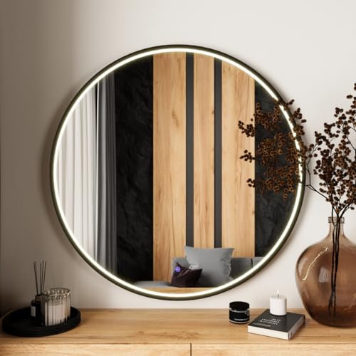 Planetmöbel VELUNA Spiegel mit Beleuchtung Ø 80cm, moderner Wandspiegel rund für Badezimmer, Flur oder Garderobe, Spiegel mit Rahmen, einfache Montage