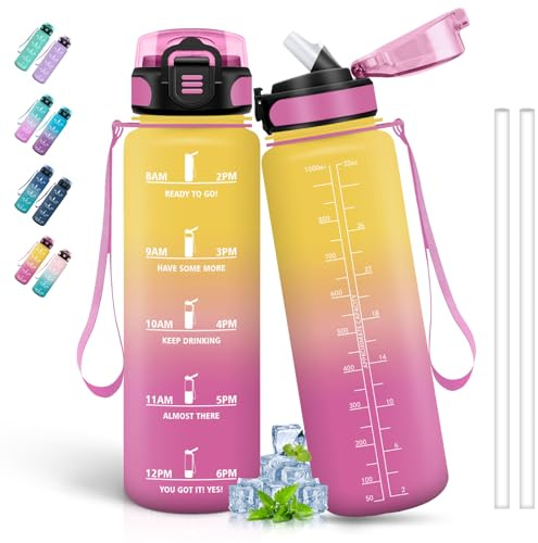 Borraccia 1 Litro, Borraccia Palestra, Senza Perdite, Borraccie con Cannuccia, Borraccie con Orari per Bere, Facile da Pulire, Borracce per Sport, Escursionismo, Yoga, Trekking, Campeggio, Giallo-Rosa