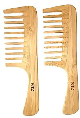 N12 Set of 2 Handmade Natural Bamboo Wooden Comb with Wide Tooth and Handle (20.8 cm) - Eco-Friendly Anti-Static, Anti-Frizz Detangler Comb for Thick,Wavy,Curly Hair of Women, Men