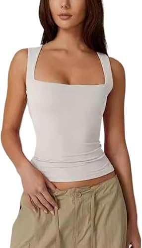 Fumxincg Women's Square Neck Sleeveless Crop Top - Wireless Double-Layer Tank Vest for Gym, Workout & Casual Breathable Skinny Fit (UK, Alpha, M, Regular, Regular, White)