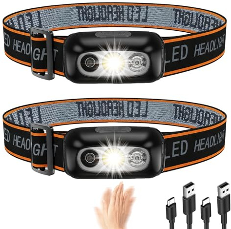 LIAISIMI Lot de 2 Lampe Frontale Rechargeable, Lampe Frontale LED Ultra Puissante Détecteur de Mouvement, 3 Modes d'éclairage, Étanche Lampes Frontales pour Pêche,Camping,Cyclisme,Running