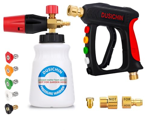 DUSICHIN Foam Cannon Short Pressure Washer Gun 1/4 Inch Quick Connector,5 Pressure Washer Nozzle Tips Car Wash Foam Gun 3/8'' Swivel Quick Connector,M22-14mm M22-15mm Fitting,Not Use with Garden Hose