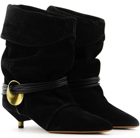 Seborluys Womens Black Suede Ankle Kitten Heel Boots Slouchy Ankle Booties Pointed Toe Wide Calf Fold Over Slouch Cowboy Boots Low Heel Slip On Causal Dressy Comfortable Short Booties,Size 7