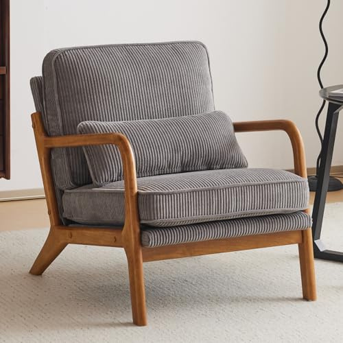 Bonnlo Accent Chair, Solid Wood Lounge Armchairs, Corduroy, Light Grey