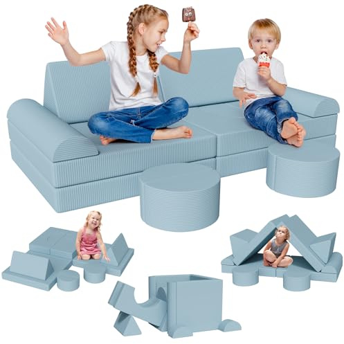Clevich Divano Modulare Per Bambini, 15 Pezzi Divani Trasformabile, Divano da Gioco per Bambini, Mobili Creativi per Zona Notte e Sala Giochi, Velluto a Coste (Blu)