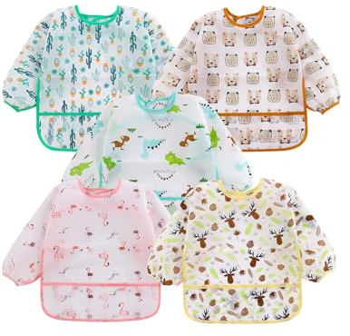 ALONK 5 Stück Lätzchen Baby mit Ärmeln, Wasserdichtes Latz mit Ärmel Set für Babys 6 Bis 24 Monate, Ärmellätzchen für Füttern, Spielen & Alltag