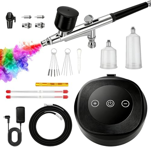 Set Aerografo con Compresor, 3 Niveles de Ajuste de Presión (hasta 60 PSI), 5 Boquillas y Accesorios, para Modelismo, Pintura de Paredes, Diseño de Uñas, Maquillaje, Decoración de Pasteles