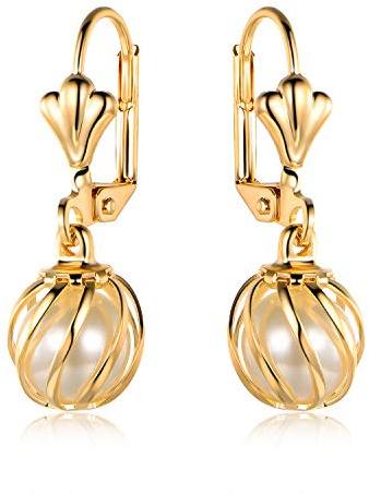 Barzel 18K Gold Plated Pearl Drop Earrings Caged (ER308)