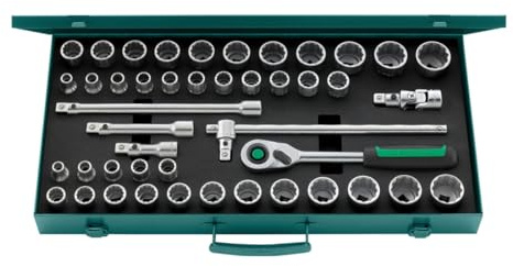 Stahlwille 96030107 1/5.1 cm Steckschlüsselsatz 45-teilig mit Schnellspannratsche, Verlängerungen, T-Griff, Kardangelenk und stabilem Stahlblechkoffer, Made in Germany