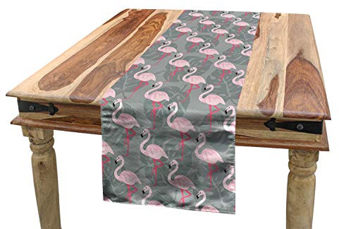 ABAKUHAUS Flamingo Tischläufer, Baum-Blätter Wildlife, Esszimmer Küche Rechteckiger Dekorativer Tischläufer, 40 x 180 cm, Grau Rosa Puder Rosa
