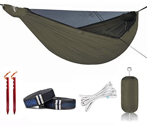 Onewind 11‘ Camping Hängematte mit Moskitonetz Portable leichte doppelte Hängematte 40D Durable Ripstop Nylon mit Reißverschluss Bugnet Ridgeline Tree Strap Camping, Wandern, Backpacking 335cm