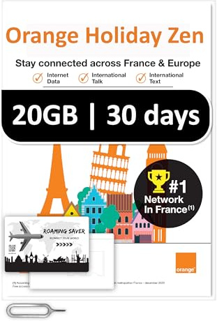 Orange Holiday Europe Prepaid Sim 20GB Internet Data | 30 Days-Use | Data tethering Allowed | 30min & 200 SMS from Europe to Any Country Worldwide+1 Sim Card Holder+1 Pin