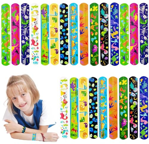 POPOYU 24 piezas pulseras slap de dinosaurio para niños, pulseras de dinosaurio obsequios de cumpleaños infantil, regalos de fiesta cumpleaños de dinosaurio para niños