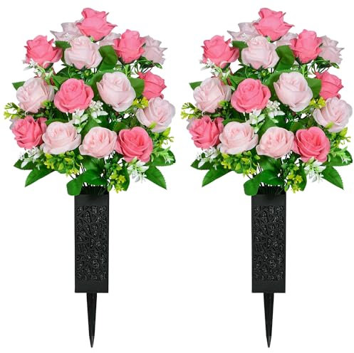 Kukooka Künstliche Friedhofsblumen, 2 Stück Grabschmuck Gedenkblumen mit Vase, Künstlicher Rosenstrauß für Friedhof Grabsteine Grabstätten Dekoration (Rosa)