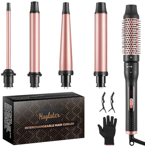 Lockenstäb 5 in 1, Haglater Keramik Lockeneisen mit Multifunktion Lockenbürste, Lockenstabe mit Verschiedenen Aufsätzen Große und Kleine Locken 9-38mm