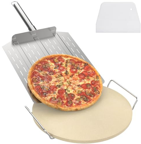 DcYourHome 16 inch Round Pizza Stone with Rack for Oven, BBQ Grilling, Natural Cordierite Pizza Stone Kit with Pizza Peel & Plastic Scraper for Baking Bread, Universal High Temperature Baking Stone