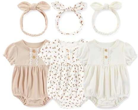 MAMIMAKA Newborn Baby Girl Short Sleeve Bodysuit Cotton Bubble Rompers Headbands 3 Pack, 0-3 Months