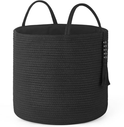 Mkono Woven Storage Basket Decorative Natural Rope Basket Wooden Bead Decoration for Blankets,Toys,Clothes,Shoes,Plant Organizer Bin with Handles Living Room Home Decor, 16W×13.8L, Black