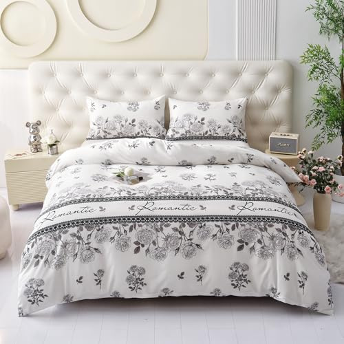 HMtideby Black and White Foral Duvet Cover Set Rose Bedding Sets 3 pcs Duvet Quilt Cover with 2 Matching Pillow Cases, King