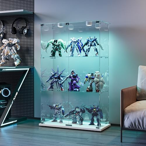 YLSZHY Glasmonter med 2 dörrar och LED-lampor, kuriosa skåp med 3 nivåer, fristående hylla för vardagsrum och sovrum (3 lager 2 LED-dörrar A, vit)