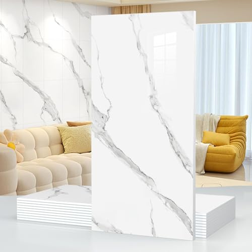 Lot de 10 panneaux muraux imperméables en marbre épais à décoller et à coller, carreaux de dosseret résistants à la chaleur, autocollants muraux en mousse PVC pour cuisine, salon, murs TV, blanc gris