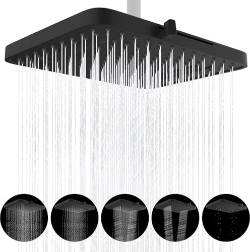 Hibbent Pomme de douche à effet pluie 5 modes de pulvérisation, pommeau de douche haute pression de 33 cm, pommeau de douche carré intégré, rotule pivotante réglable, expérience de douche luxuriante
