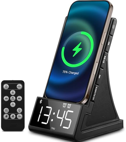 DPNAO 8-in-1 Wireless Charging Station with Bluetooth Speaker, Alarm Clock,FM Radio,Remote Control,Fast Charging Dock Compatible with iPhone 17/16/15/14, Samsung S25/S24,Android Phones